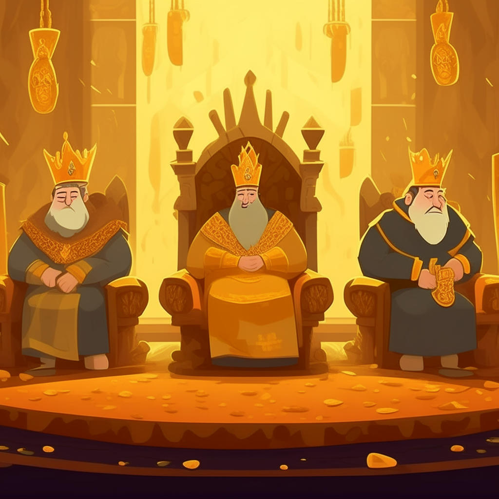 Three cartoon kings with crowns and robes, sitting on thrones surrounded by piles of gold in a treasure room