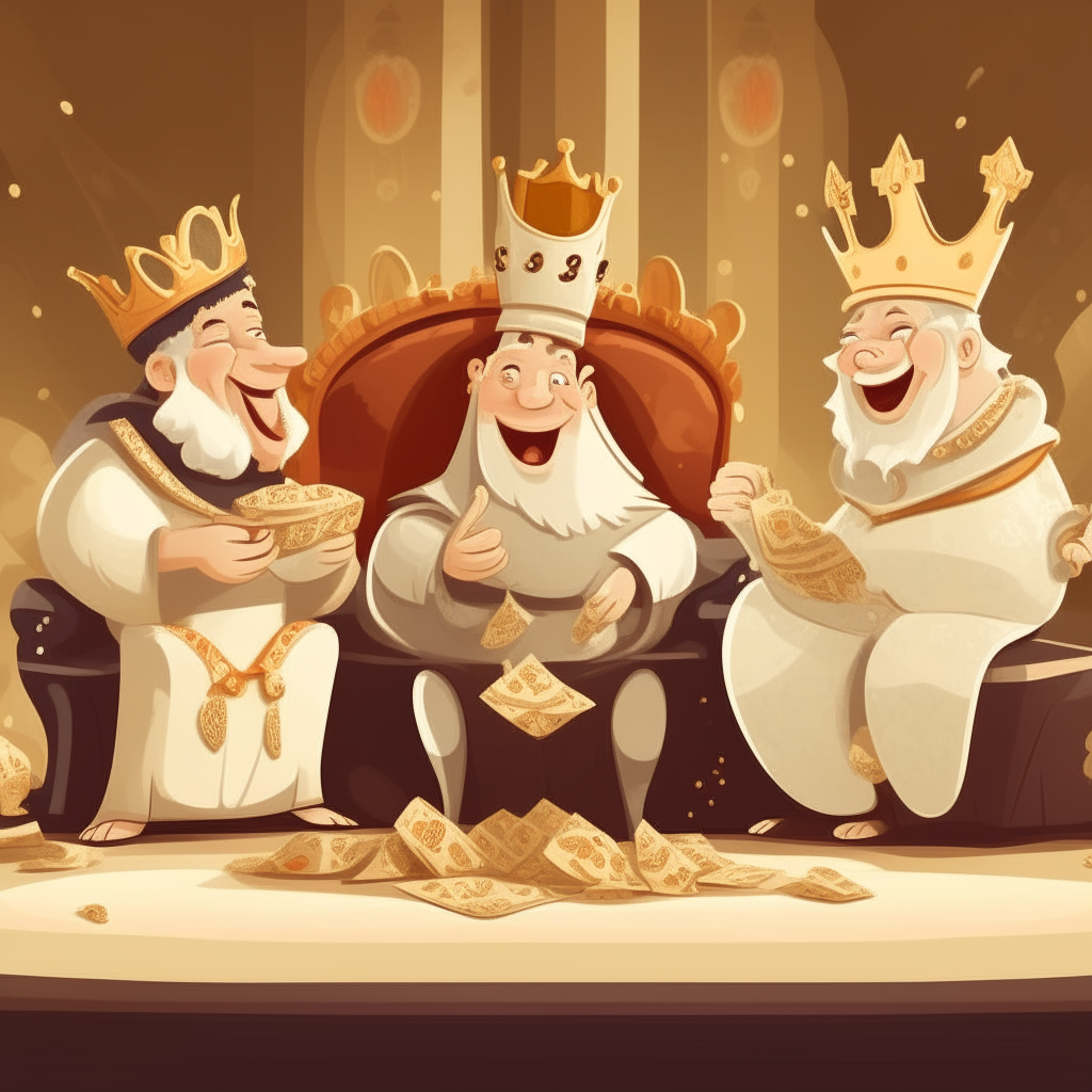 Three happy cartoon kings wearing ermine cloaks, lounging on money bags in a room filled with jewels