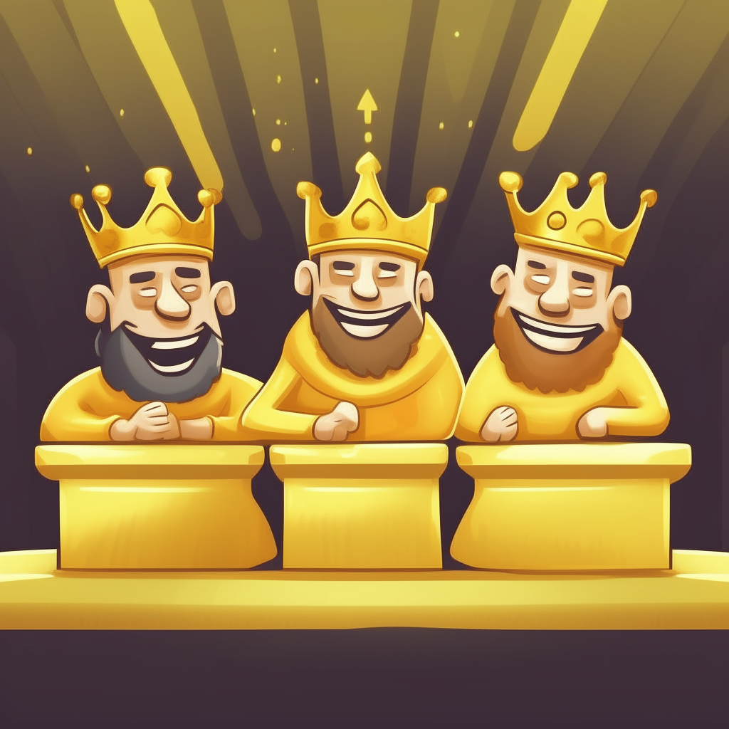 Three smiling cartoon kings counting coins while relaxing on thrones made of gold bricks