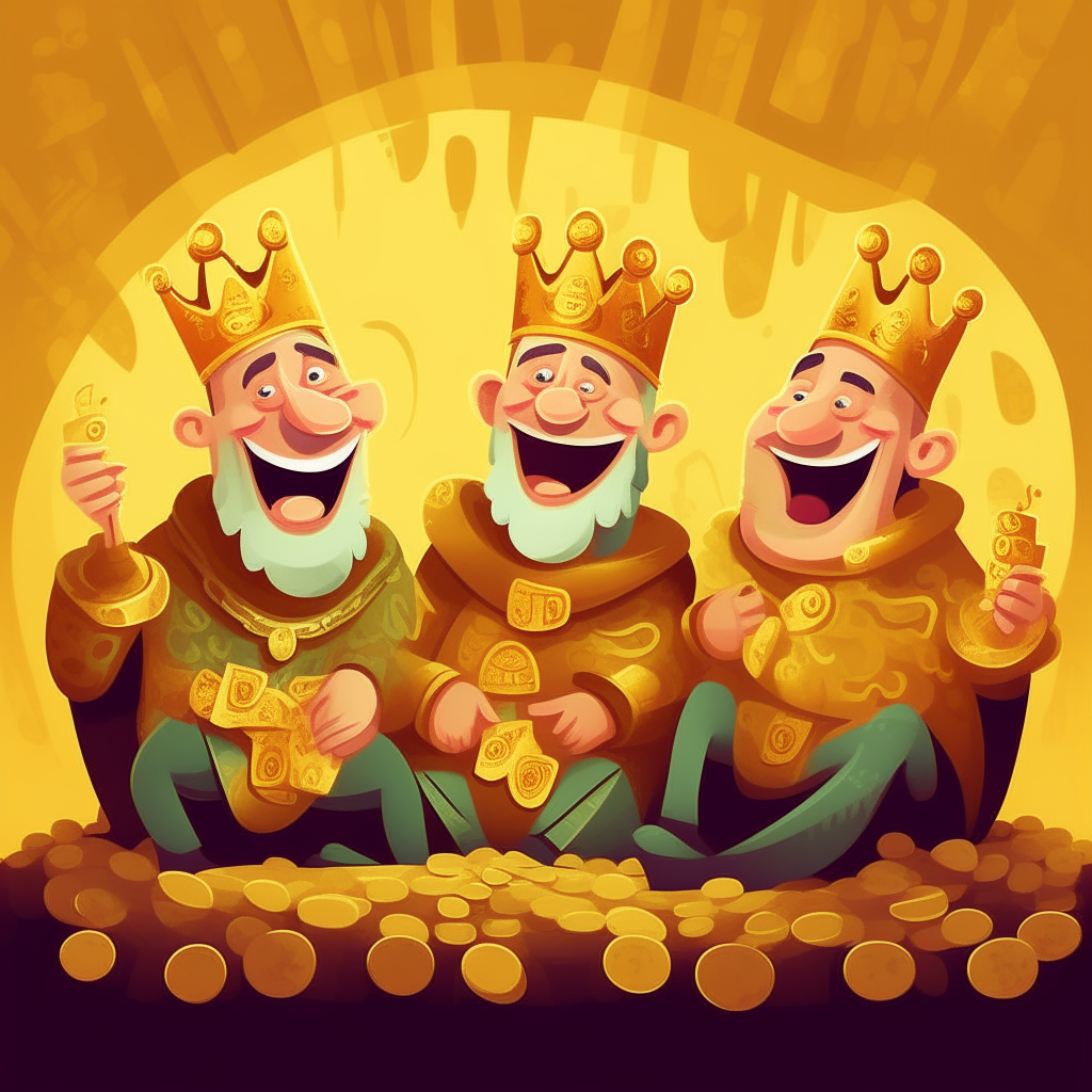 Three laughing cartoon kings... | Image by SufficientDancer | Genmo