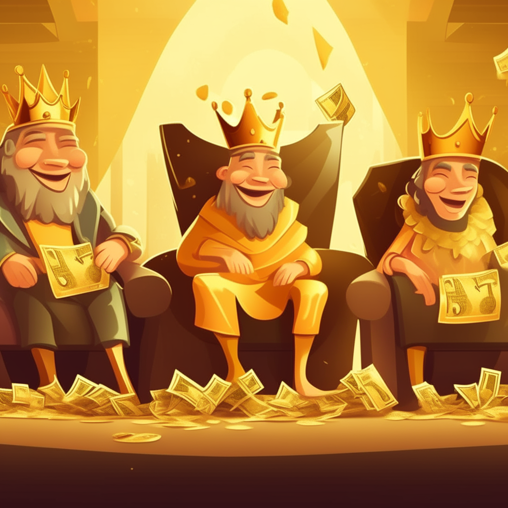 Three happy cartoon kings lounging on money bags in a room filled with mountains of gold bars