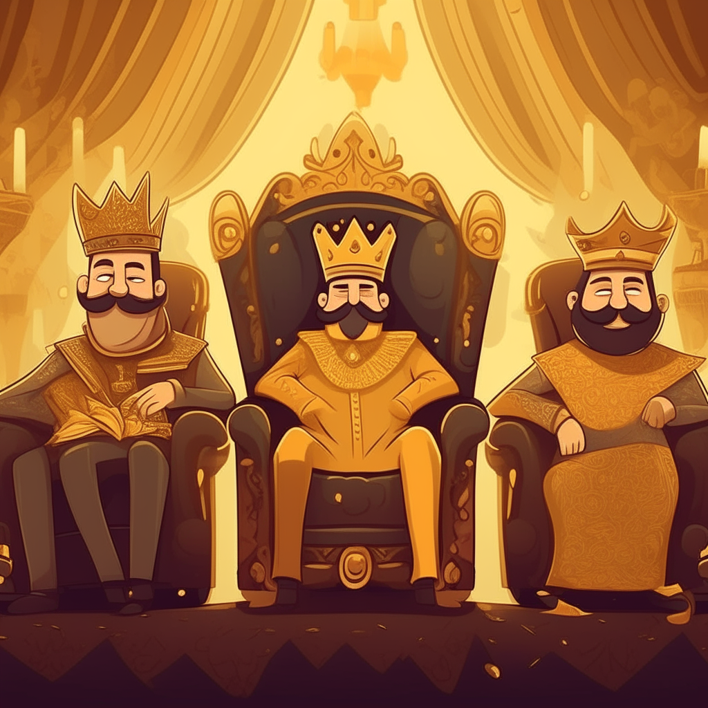 Three cartoon kings with moustaches and crowns, relaxing on thrones made of treasures in a room full of gold