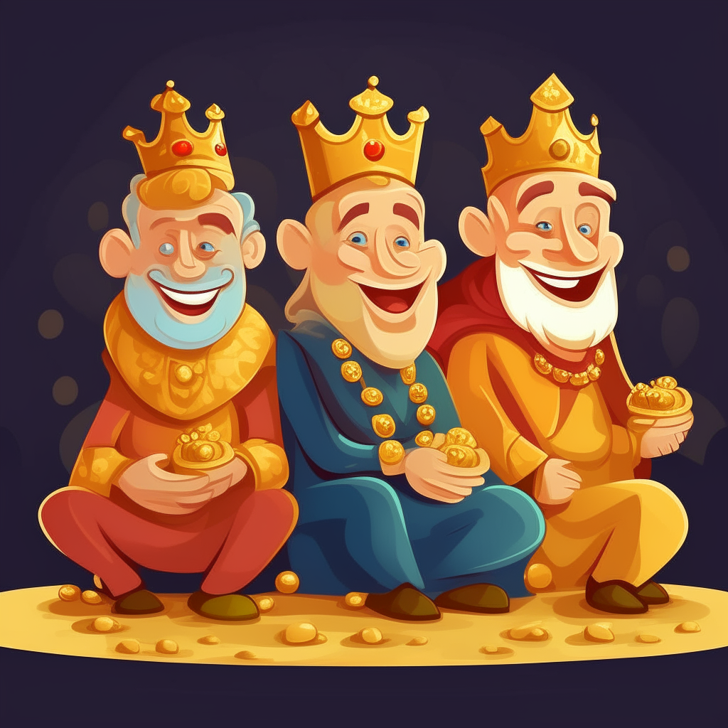 Three smiling cartoon kings without beards or crowns, sitting on piles of jewels and gold coins