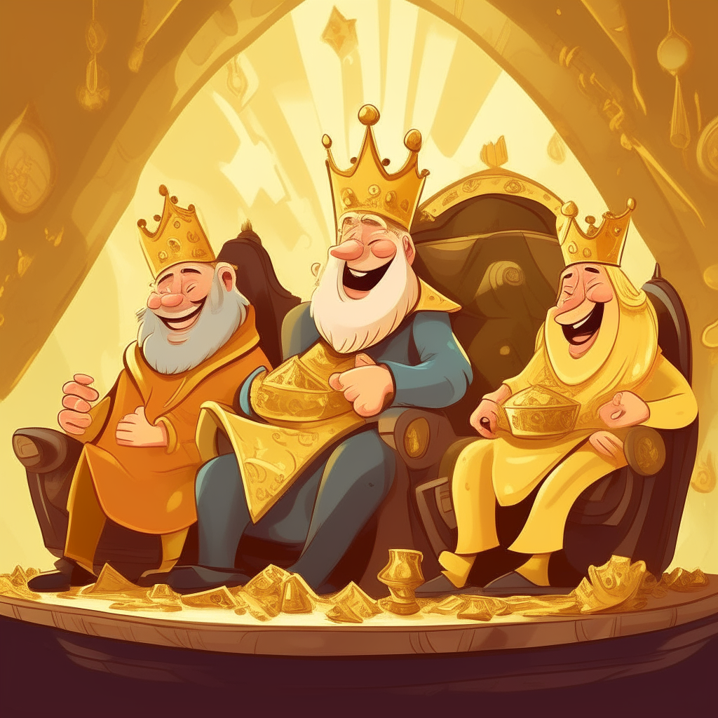 Three happy cartoon kings without facial hair or headwear, lounging on treasures in a room full of gold