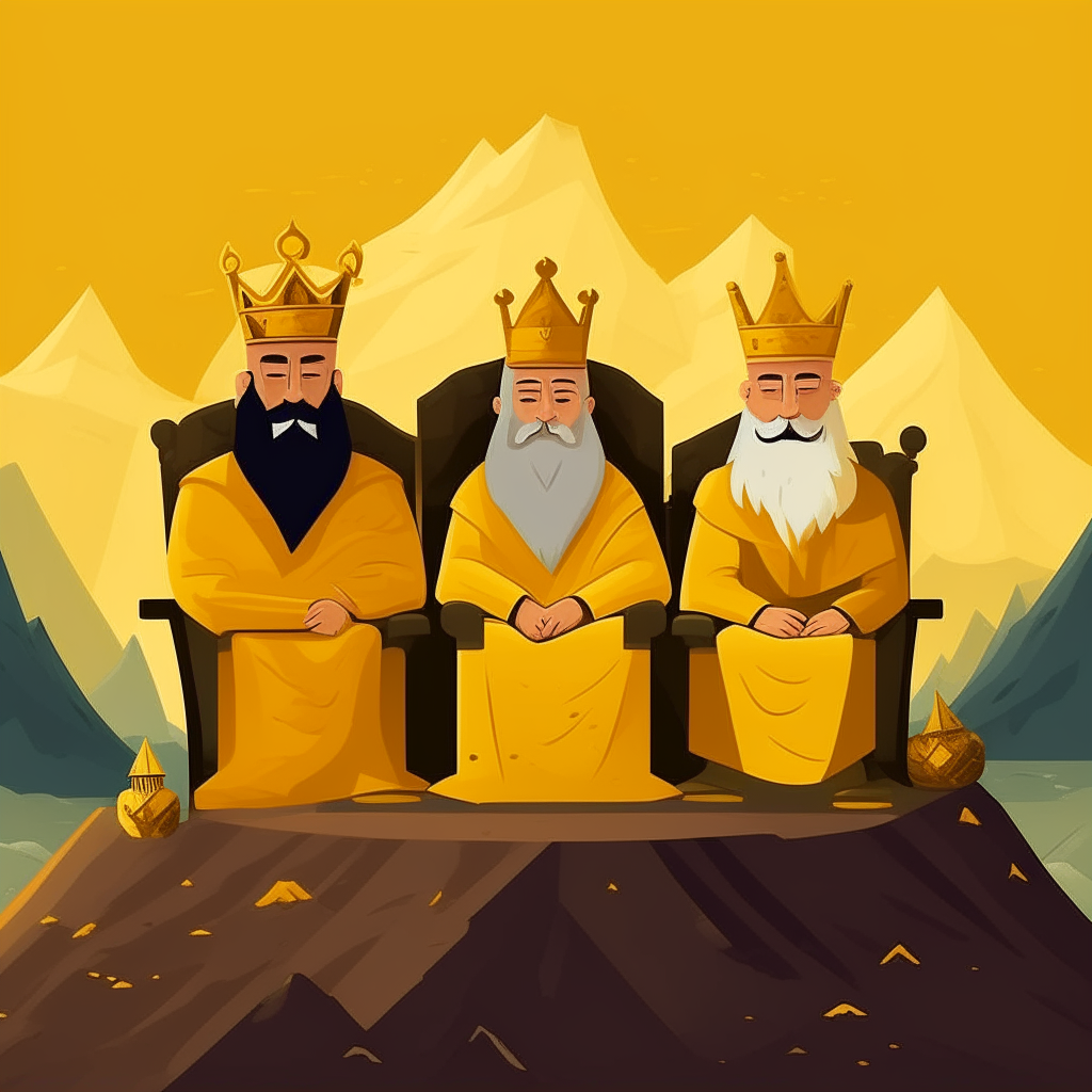 Three cartoon kings without moustaches or crowns, relaxing on thrones surrounded by mountains of gold bars