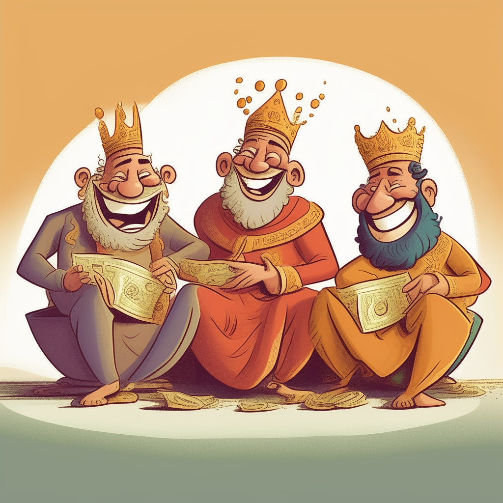 Three laughing cartoon kings not wearing beards or crowns, sitting on money bags in a room full of coins