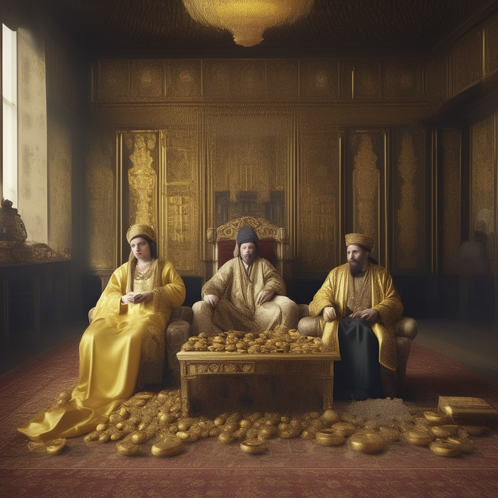 Three people in fine robes and jewellery, sitting relaxed on thrones surrounded by piles of gold coins and gems in a luxurious room