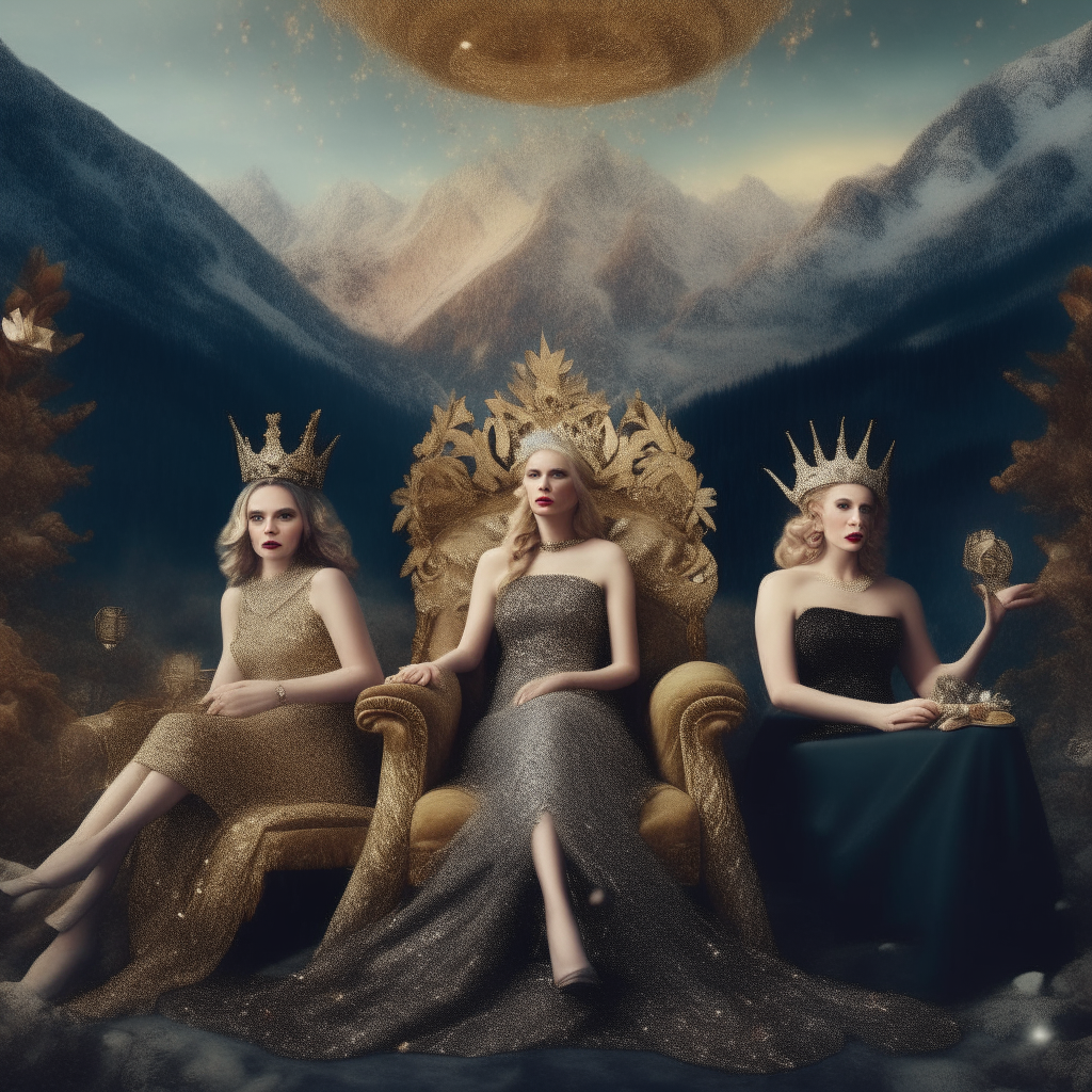 Three people wearing crowns, relaxing on elegant chairs surrounded by mountains of sparkling jewels and treasures