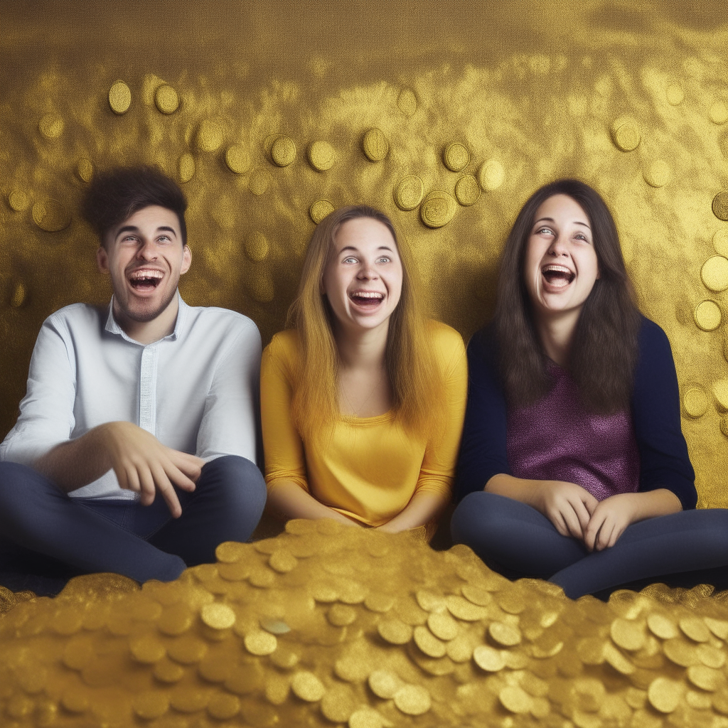 Three happy people sitting comfortably on plush cushions between high mounds of gold coins and precious gems