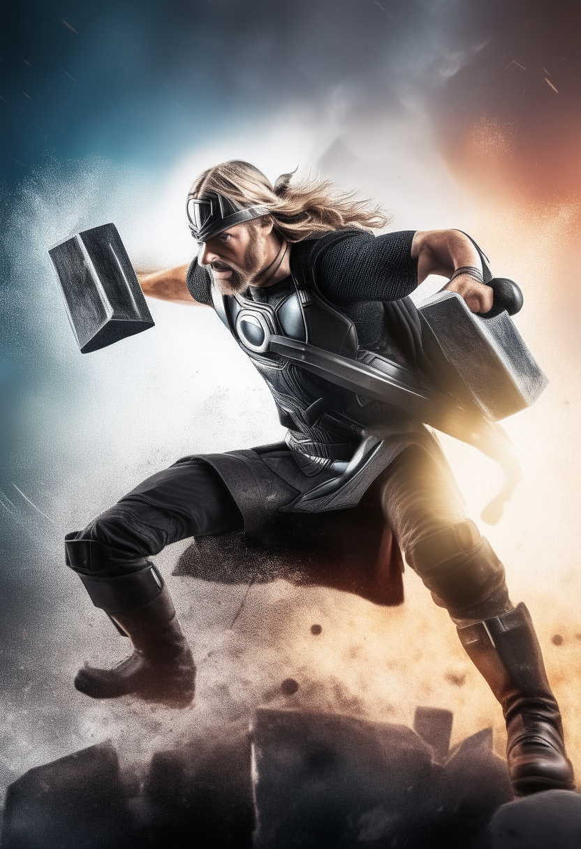 thor swinging his hammer like a helicopter blade, chaotic background, intristic details