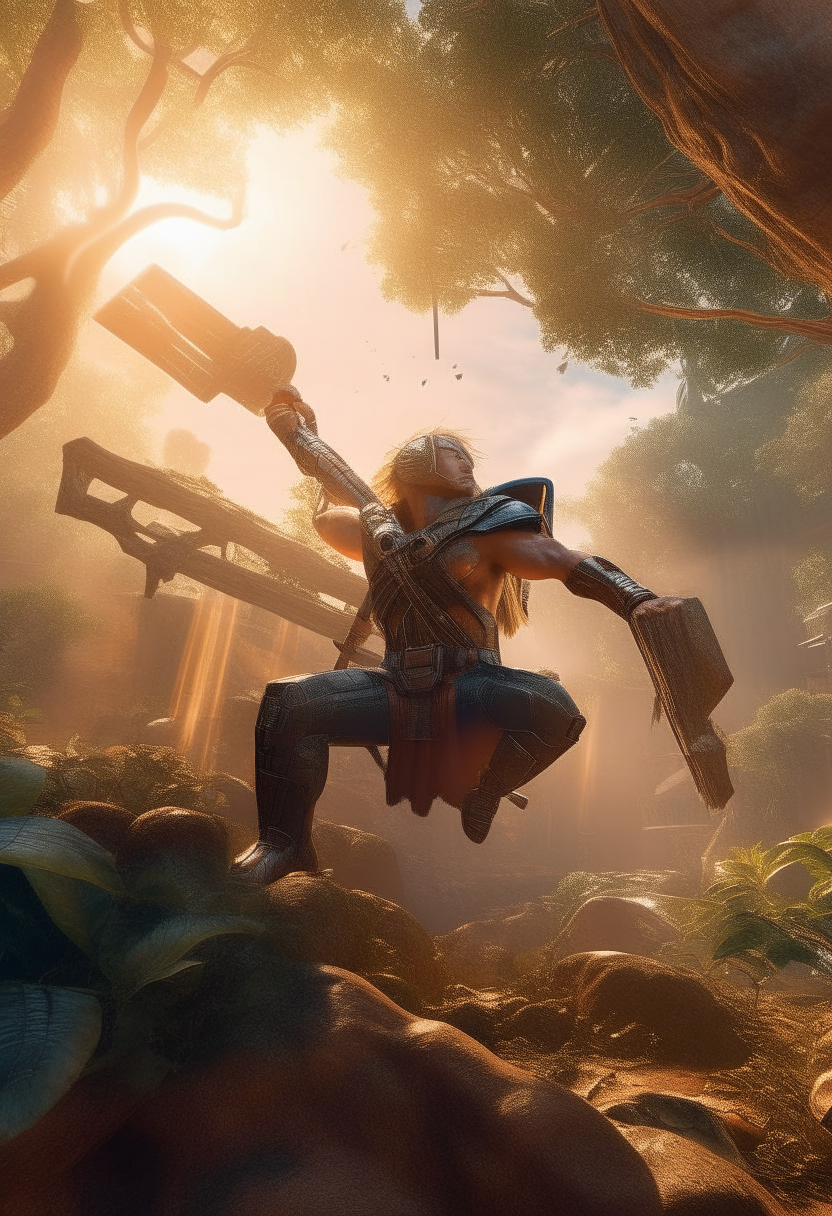 thor swinging his hammer like a helicopter blade, chaotic background, intristic details