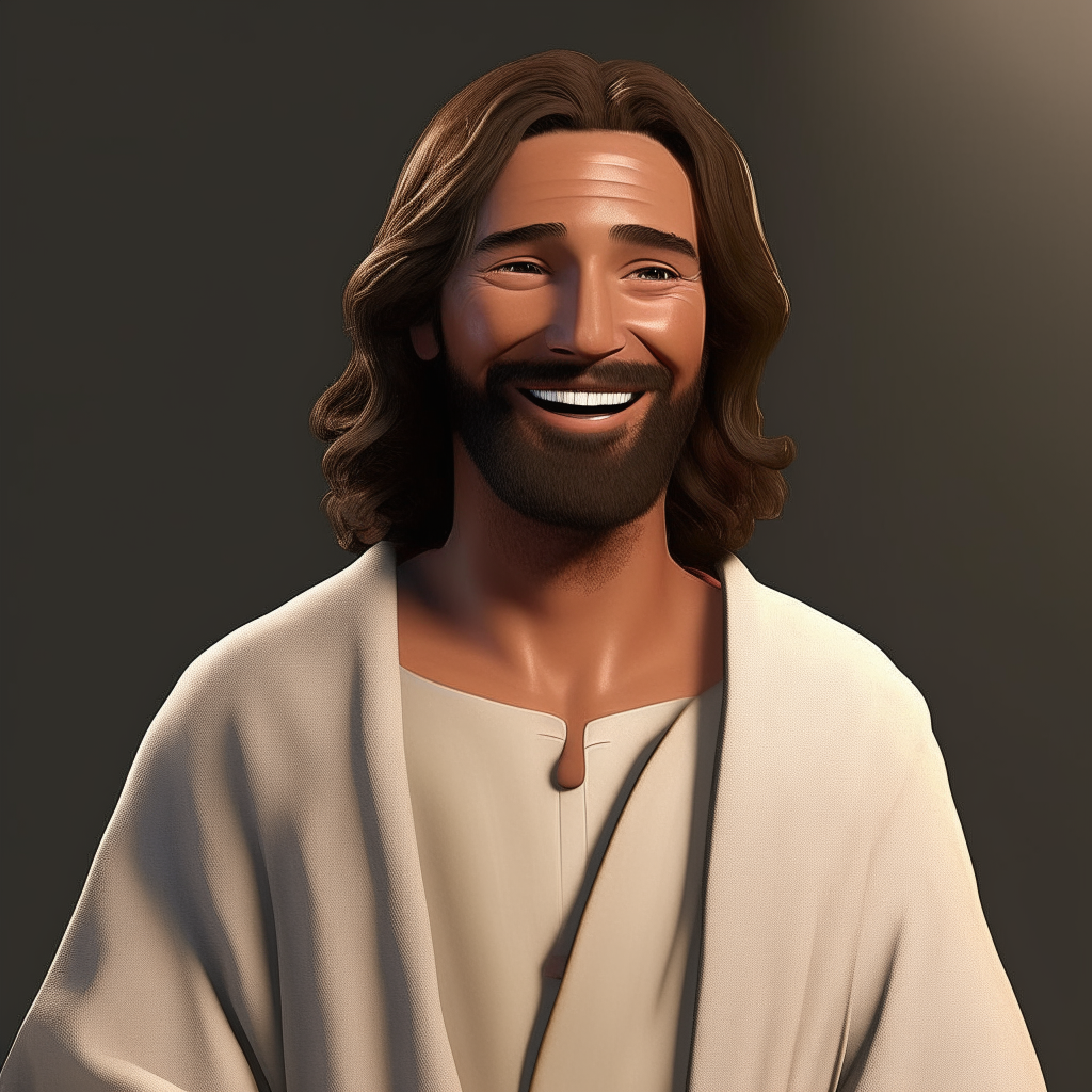 Jesus smiling serenely, with a gentle breeze moving his hair and robe