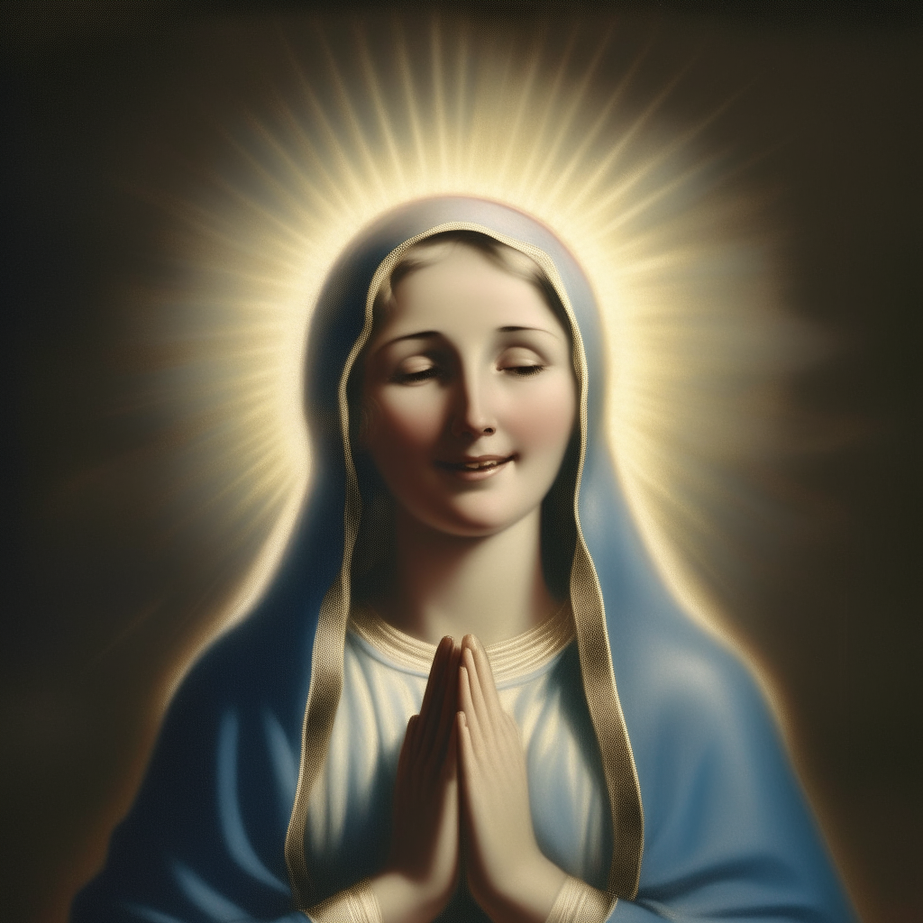 portrait of Mary smiling, halo of light around her head, hands folded in prayer