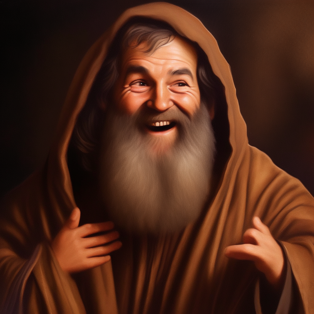 portrait of Abraham smiling, long brown robe and beard, hand raised in blessing