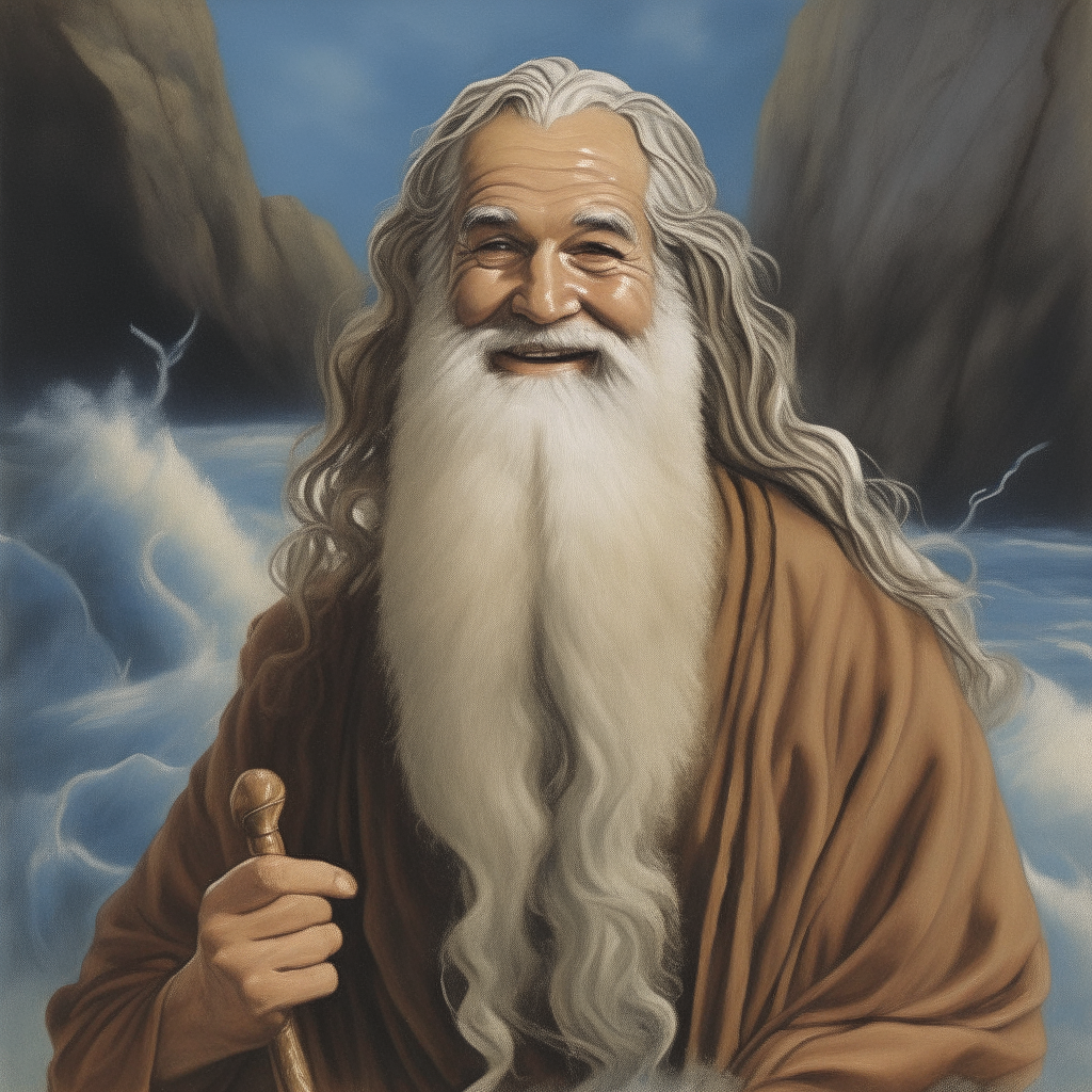 portrait of Moses smiling, long white beard and hair, staff in hand, surrounded by parted waters