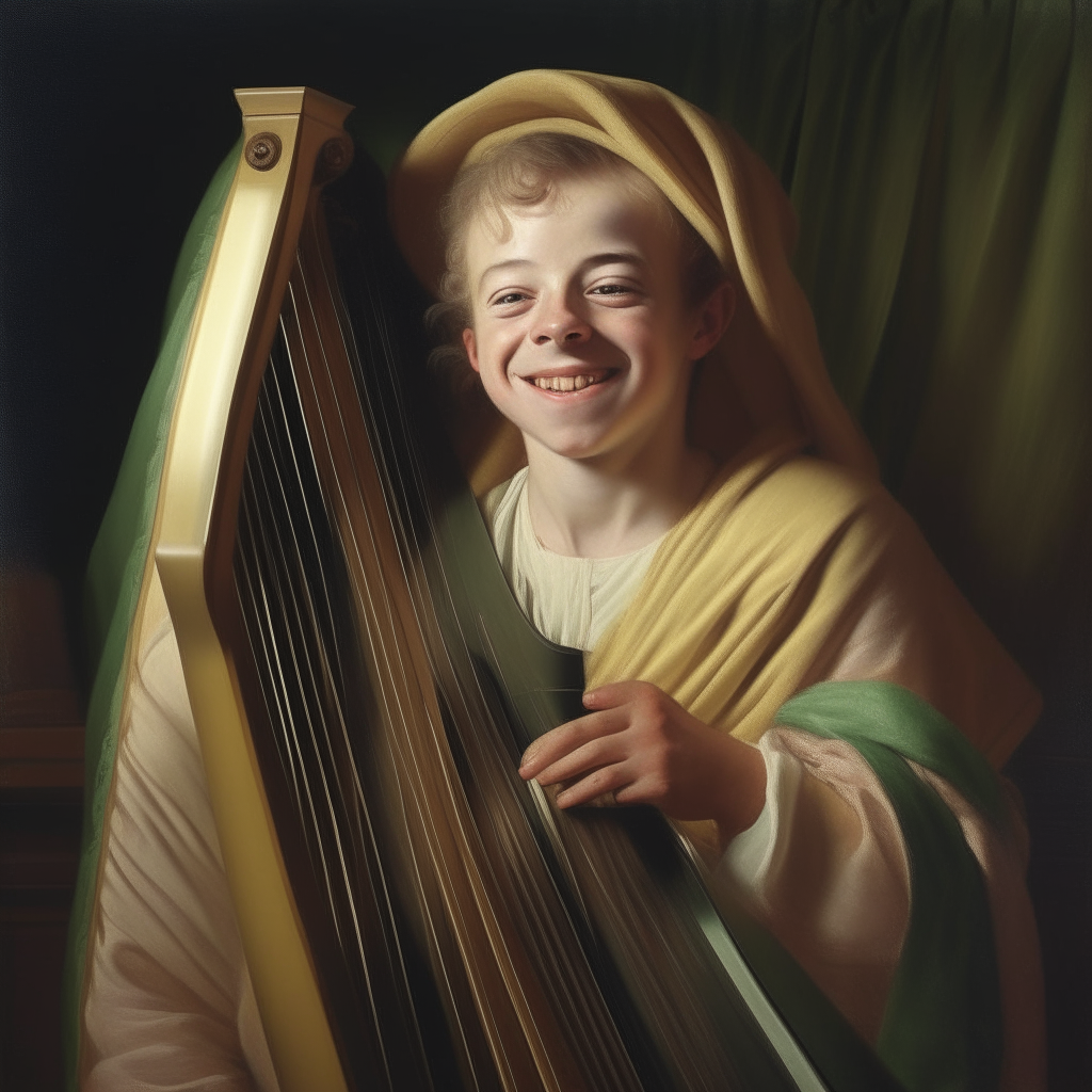 portrait of David smiling, holding a harp, dressed in robes as a young shepherd