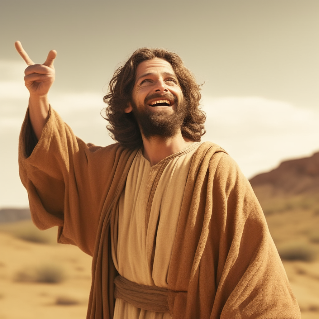 portrait of John the Baptist smiling, dressed in camel hair robes in the desert, pointing to heaven