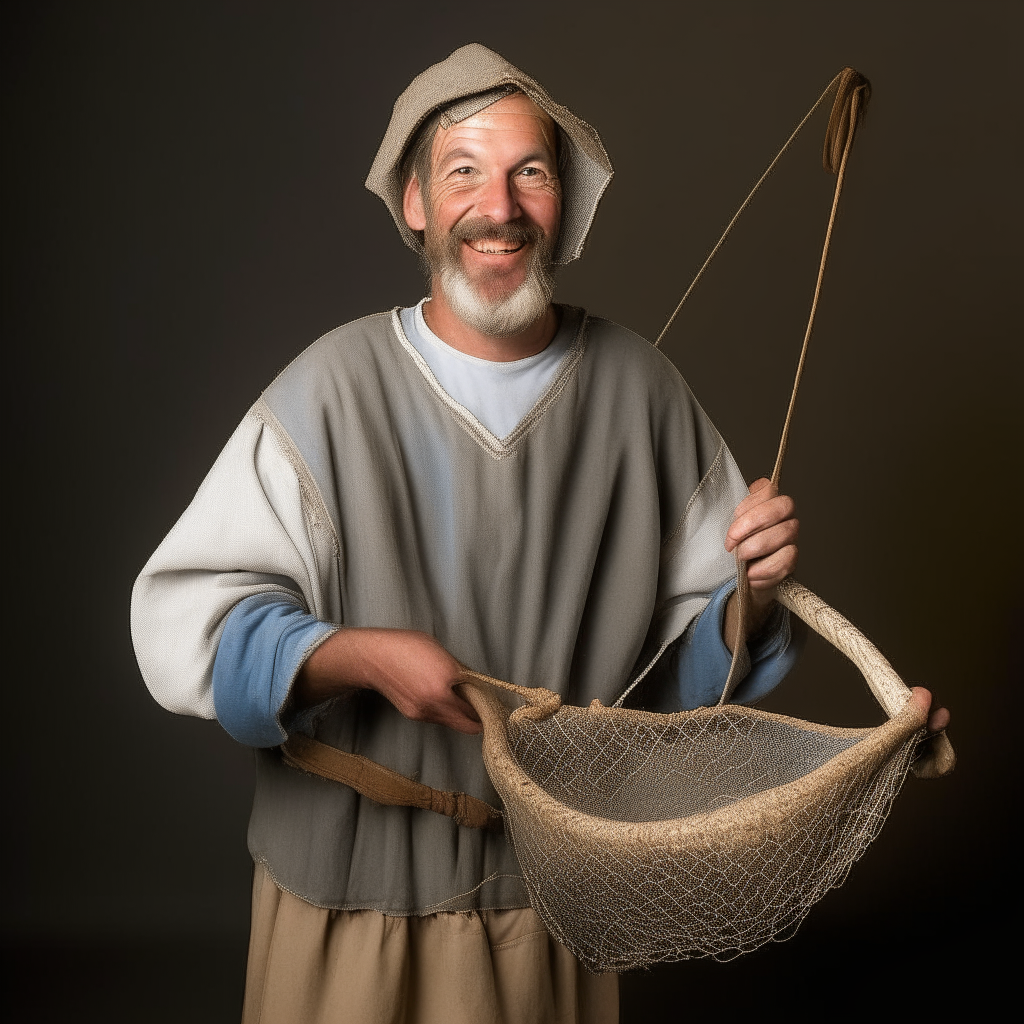 portrait of Peter smiling, dressed as a fisherman in a tunic and sandals, holding a net and fish