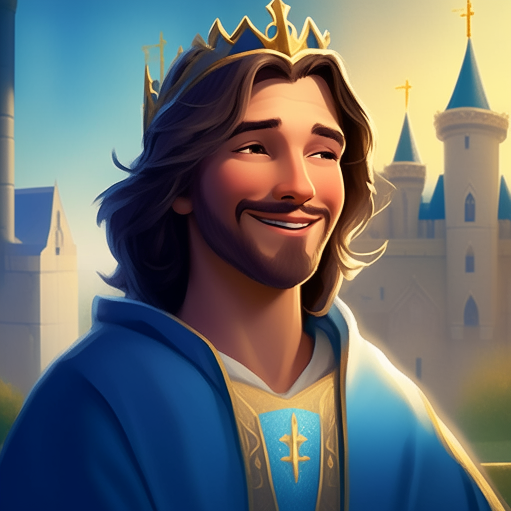 portrait of Jesus smiling warmly, dressed as the prince in a Disney animated film, with blue robes and a gold crown, against a castle backdrop