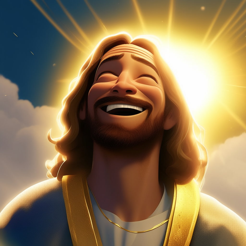 Jesus smiling warmly, surrounded by a glowing golden halo, rendered as a Pixar character against a cloudy sky