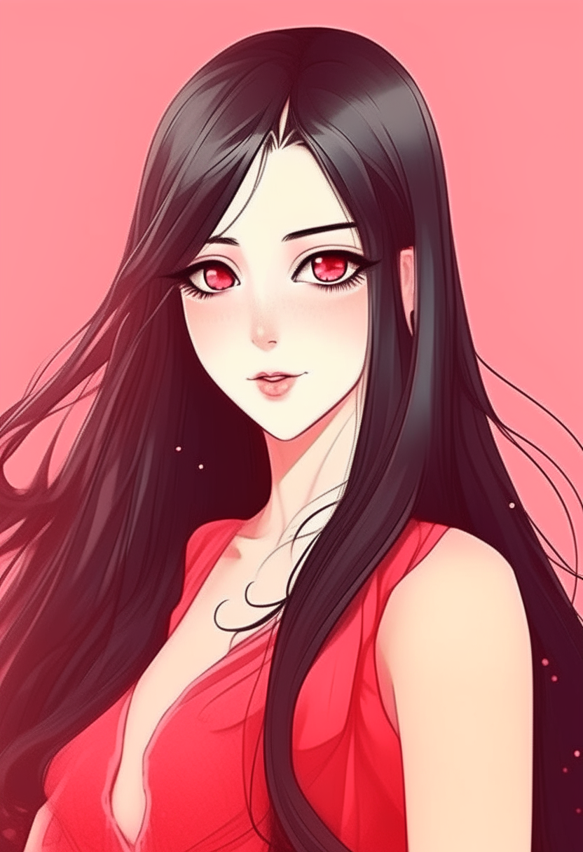 portrait of a beautiful anime woman with long black hair, pink lips and large eyes wearing a red dress