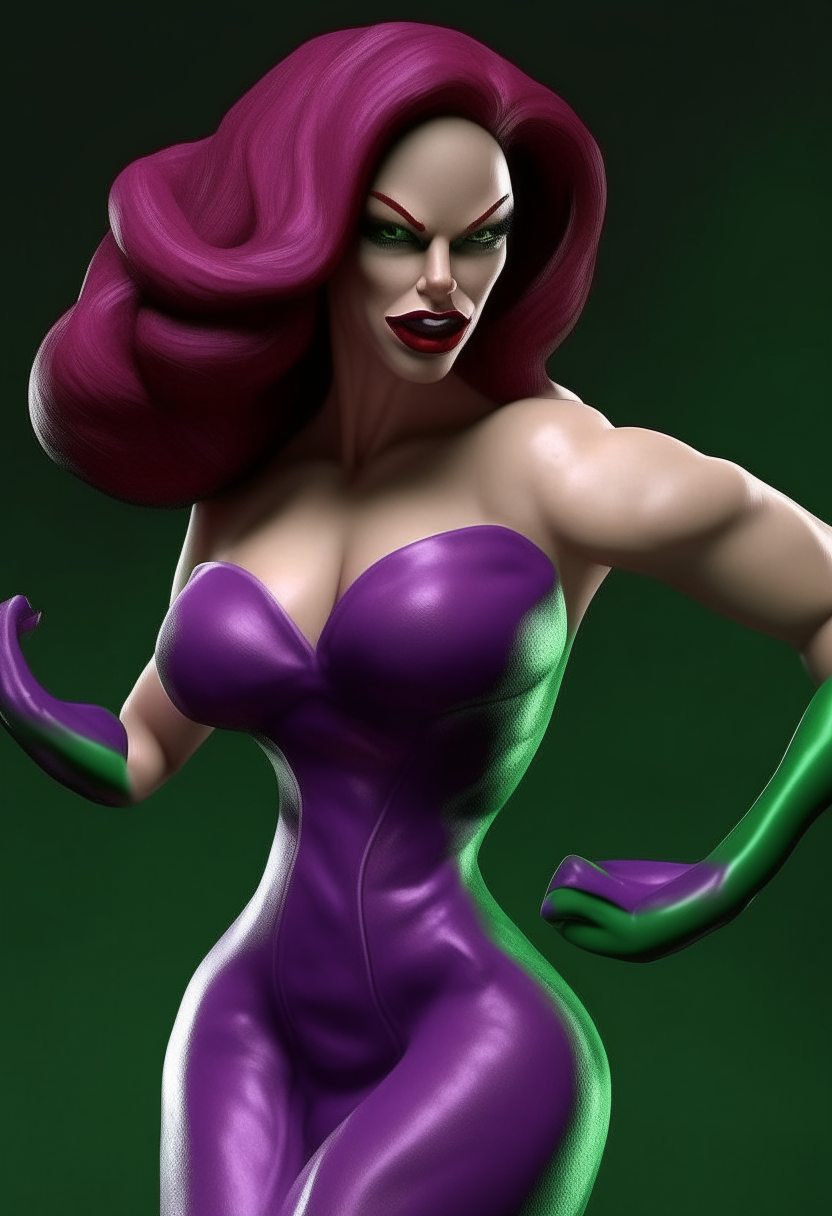 Jessica Rabbit with green skin, ripped purple dress showing bulging muscles, photorealistic