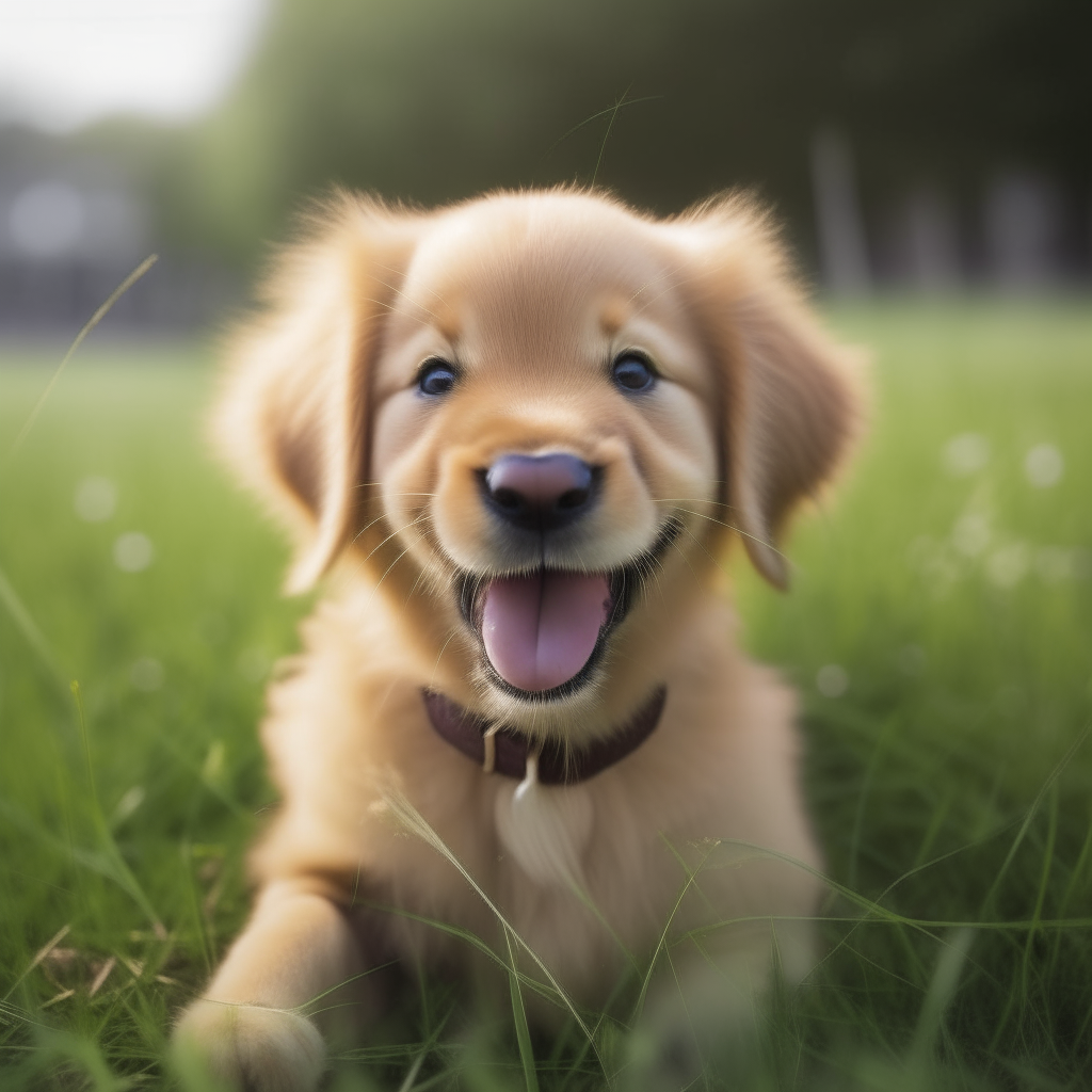 A smiling golden retriever puppy sitting in grass
