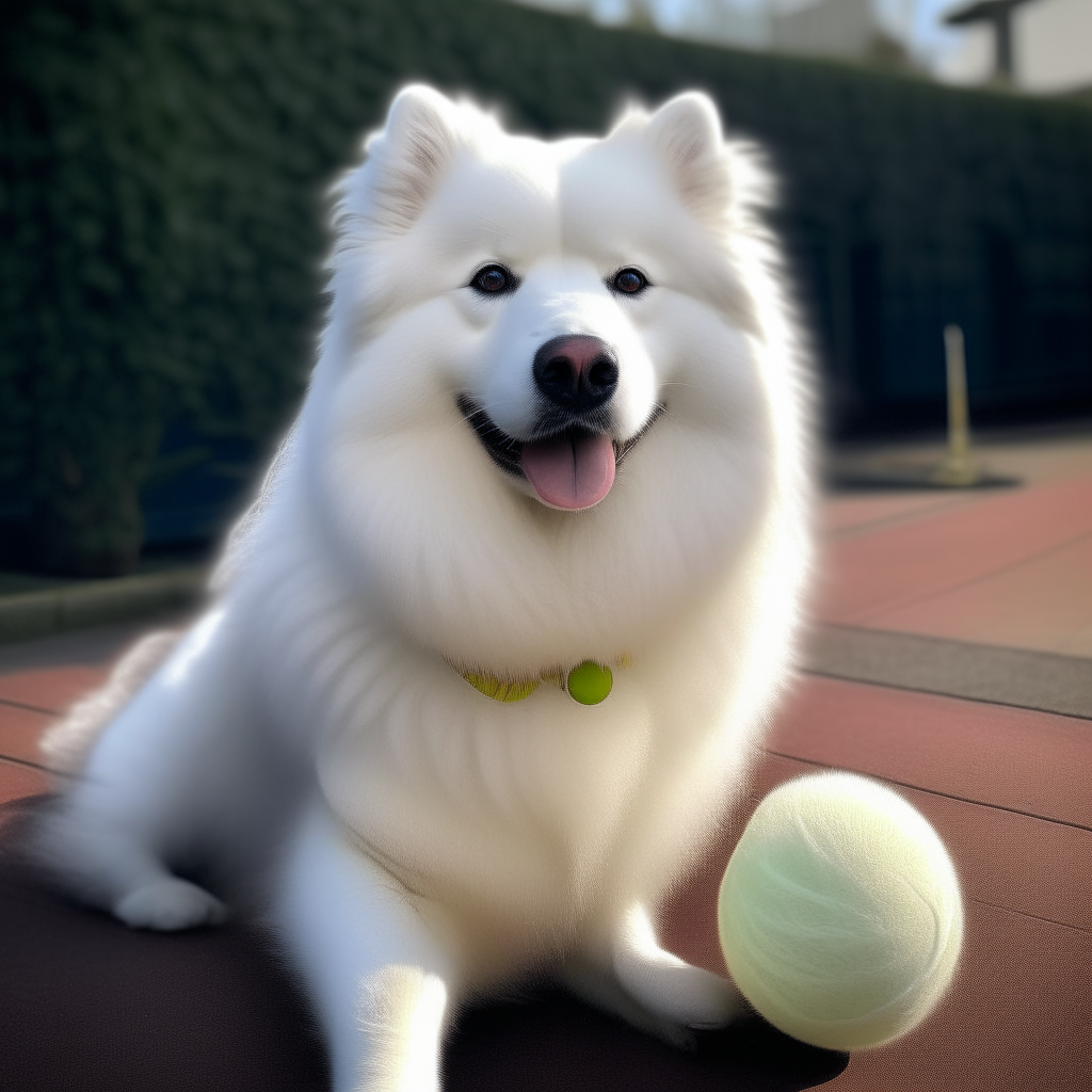 A fluffy white samoyed posing with a tennis ball