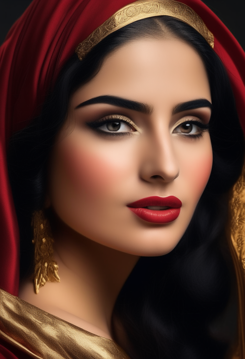 a beautiful young arabic woman with long dark hair, smokey eye makeup, red lips, wearing gold jewelry and a red hijab
