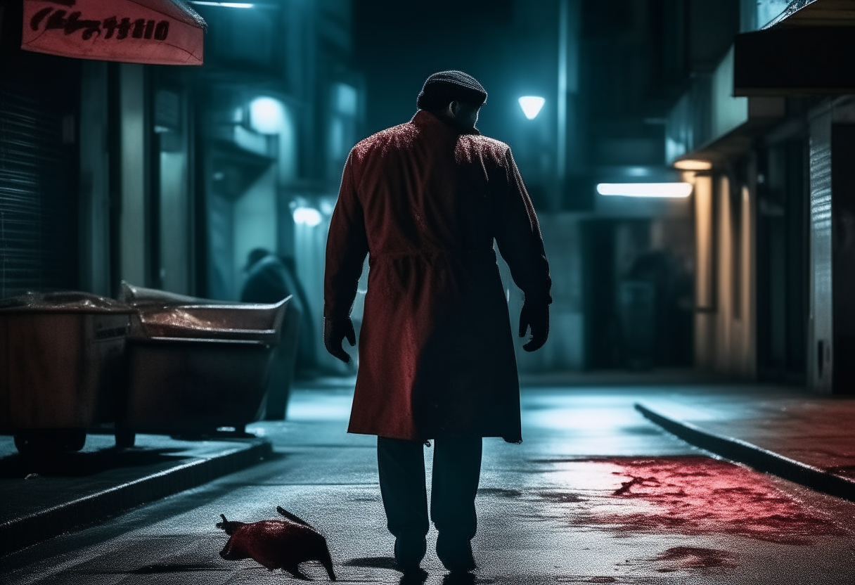 Butcher man walking in the street at night
