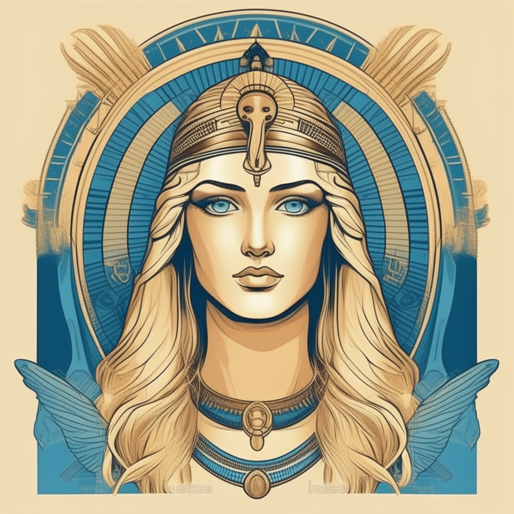 A portrait of the Egyptian goddess Isis with long blonde hair, blue eyes and fair skin, depicted as a beautiful woman in the style of classical antiquity