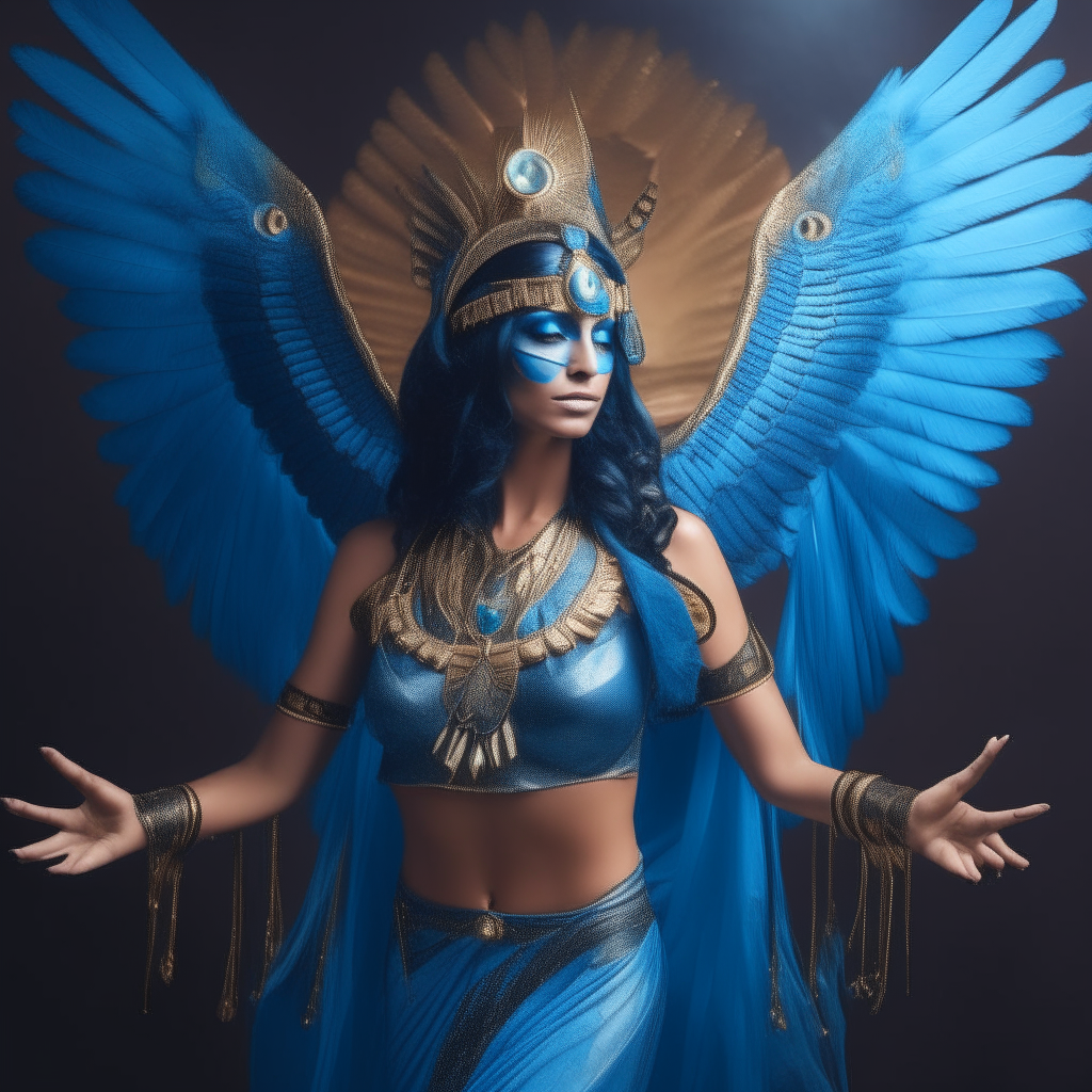 Isis, the Egyptian goddess of magic, wearing her distinctive headdress and jewels, standing proudly with her wings spread behind her in a mystical blue aura