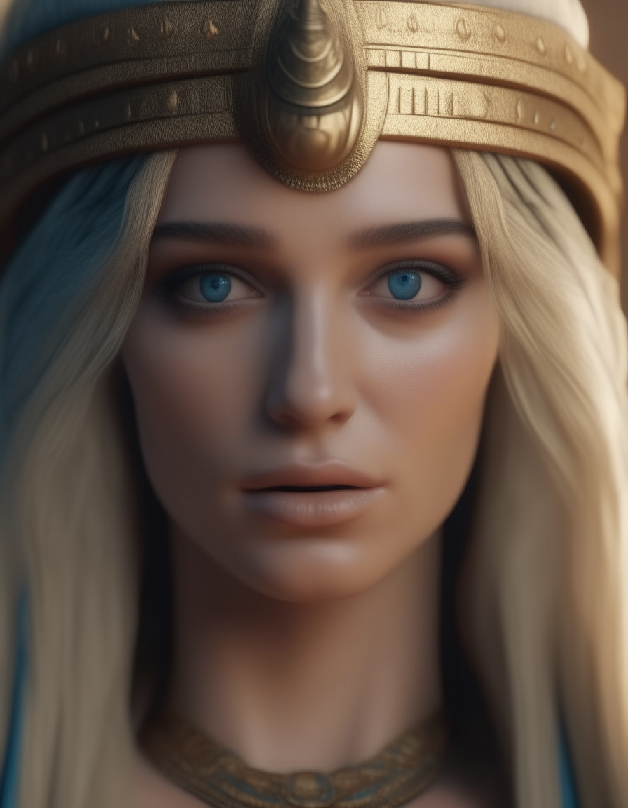 A portrait of the Egyptian goddess Isis with long blonde hair, blue eyes and fair skin, depicted in hyperrealistic detail as a beautiful woman in the style of classical antiquity photographed with a high-resolution 4K camera