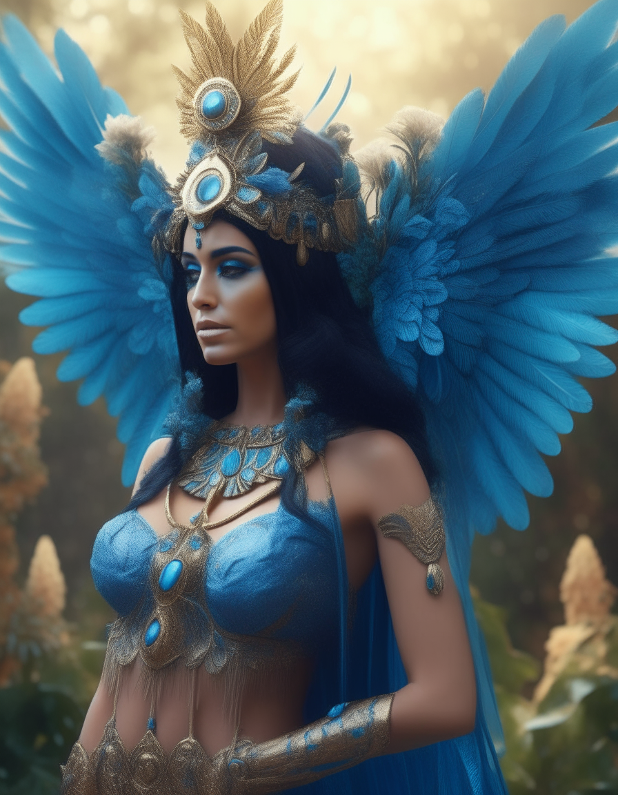 Isis, the Egyptian goddess of magic, wearing her distinctive headdress and jewels, standing proudly in a lush garden, her wings spread behind her in a mystical blue aura, photographed in stunning hyperrealistic 4K detail