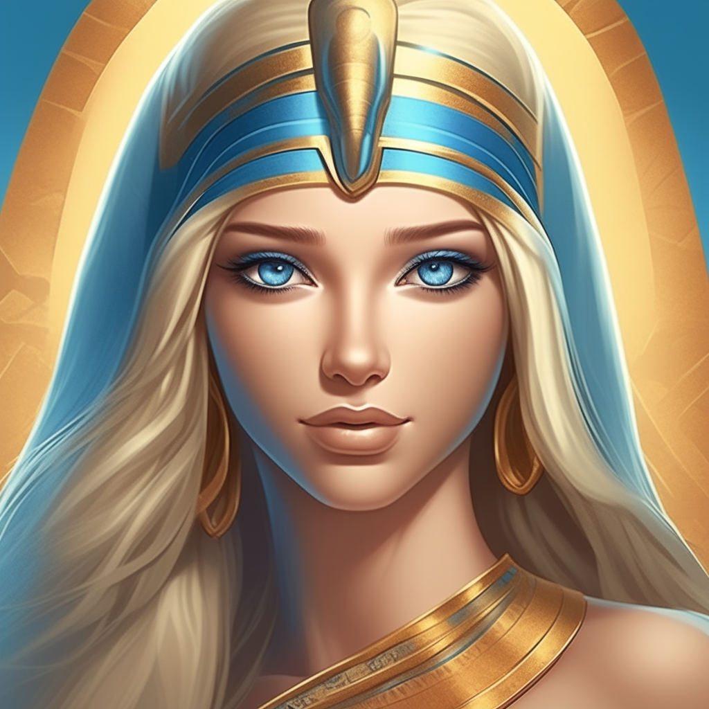a beautiful Egyptian goddess with long blonde hair, blue eyes and perfect features, depicted in an ancient Egyptian artistic style
