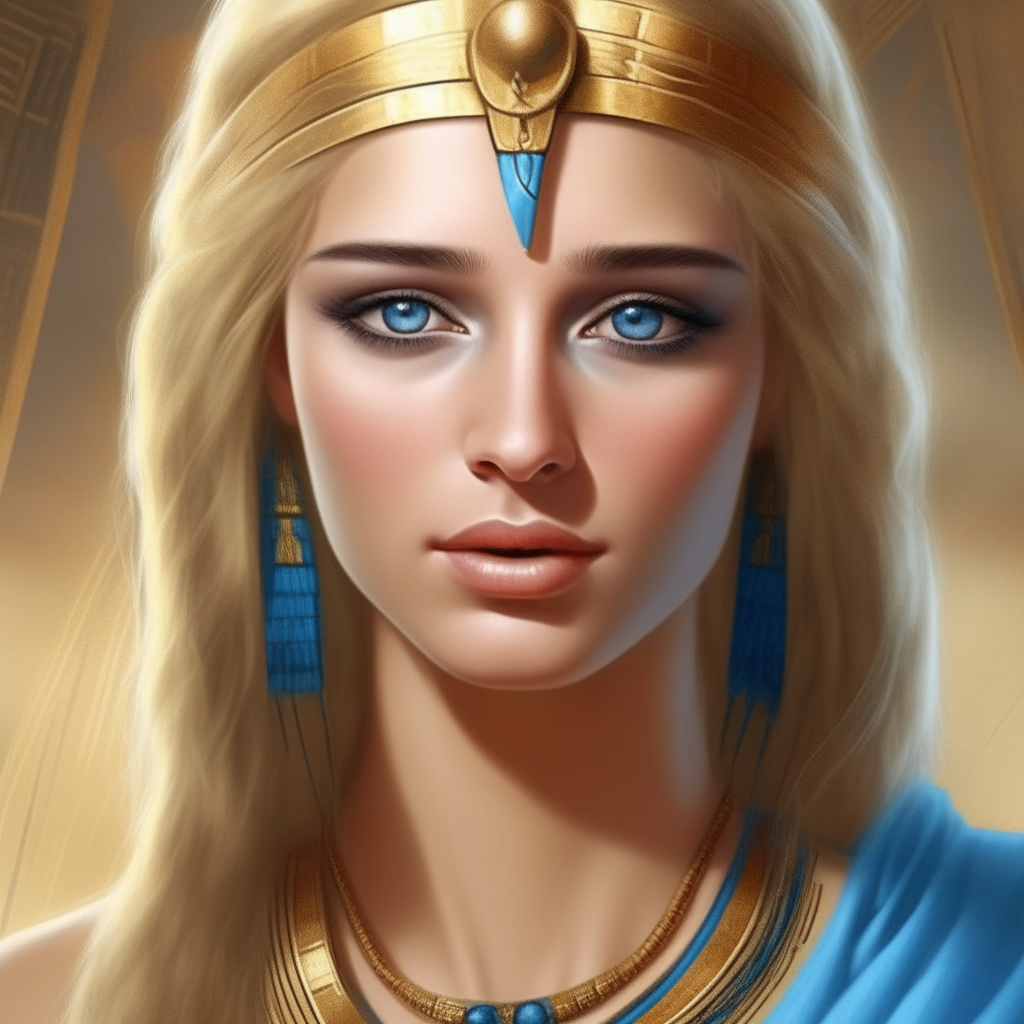 a portrait of an Egyptian goddess with fair skin, blonde hair and blue eyes, her beauty and divinity represented in an artistic Mesopotamian style