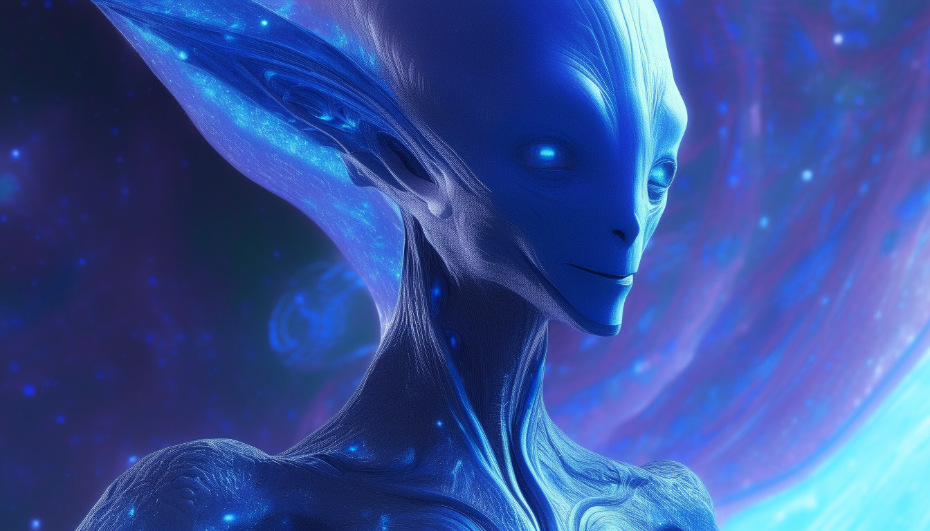 blue arcturian alien, the colours of the galatic cosmos explode with waves of etheral colour, highest level of intricate details, full computer art colours, 4K quality, sci-fi fantasy style, 16:9 aspect ratio