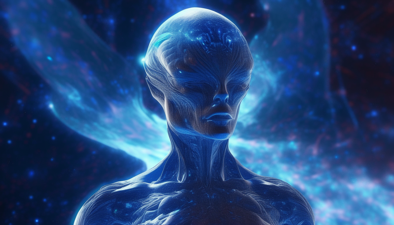 blue arcturian alien with the reflective liquids of the galatic cosmos wave of colours exploding from the super nova, 16.9 aspect ratio, highest level of details, 4K quality, sci-fi fantasy style