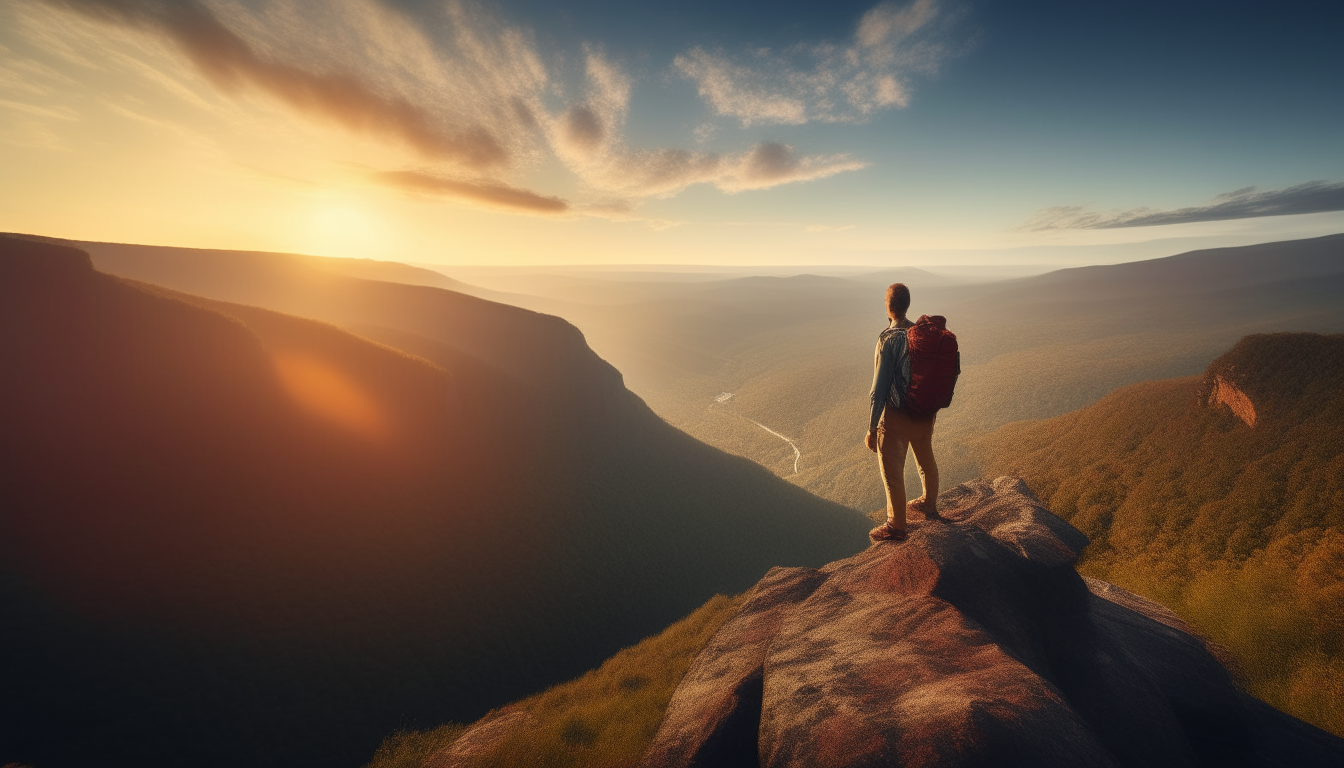 A young traveler wearing a backpack stands atop a cliff, overlooking a stunning, endless valley at sunset