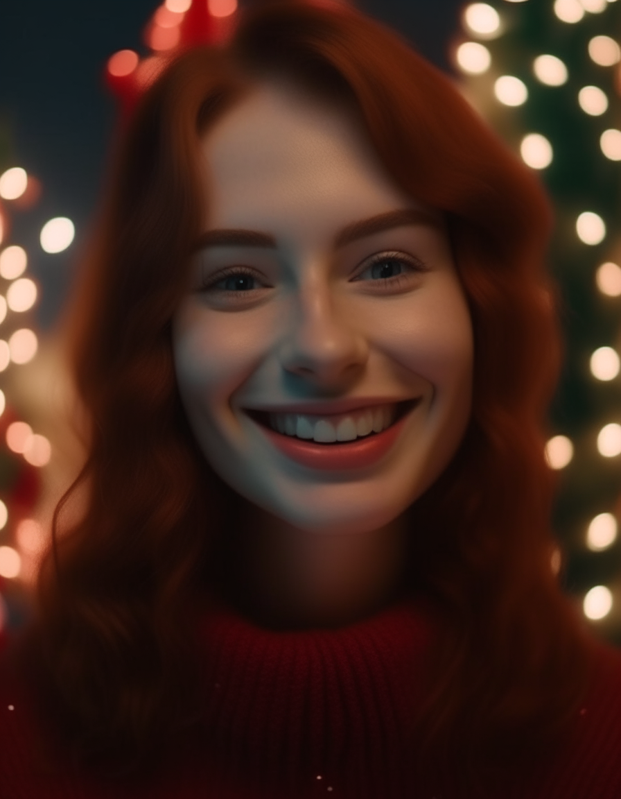 retrato en calidad 8k de Elçin Sangu sobre un fondo navideño felicitando a todos sus fans el año nuevo 2024