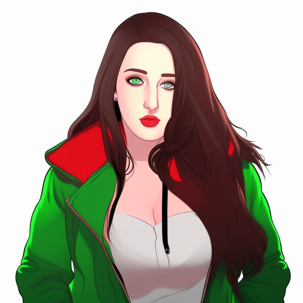 Design me Angela white pornostar anime with red green jacket 