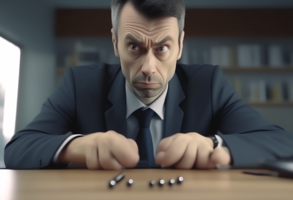 The businessman notices the bullet on his desk. Slowly, his eyes focus on the bullet, and his facial expressions change.