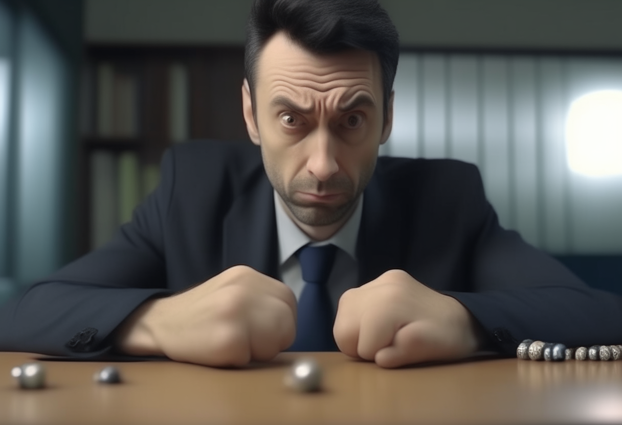 The businessman notices the bullet on his desk. Slowly, his eyes focus on the bullet, and his facial expressions change.