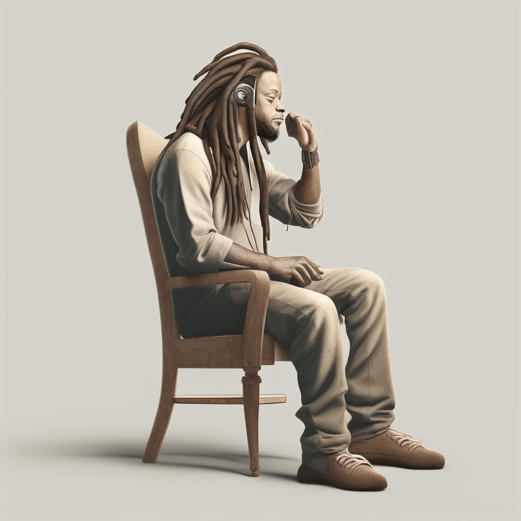 a man with dreadlocks sitting on a chair talking on a cell phone, photorealistic