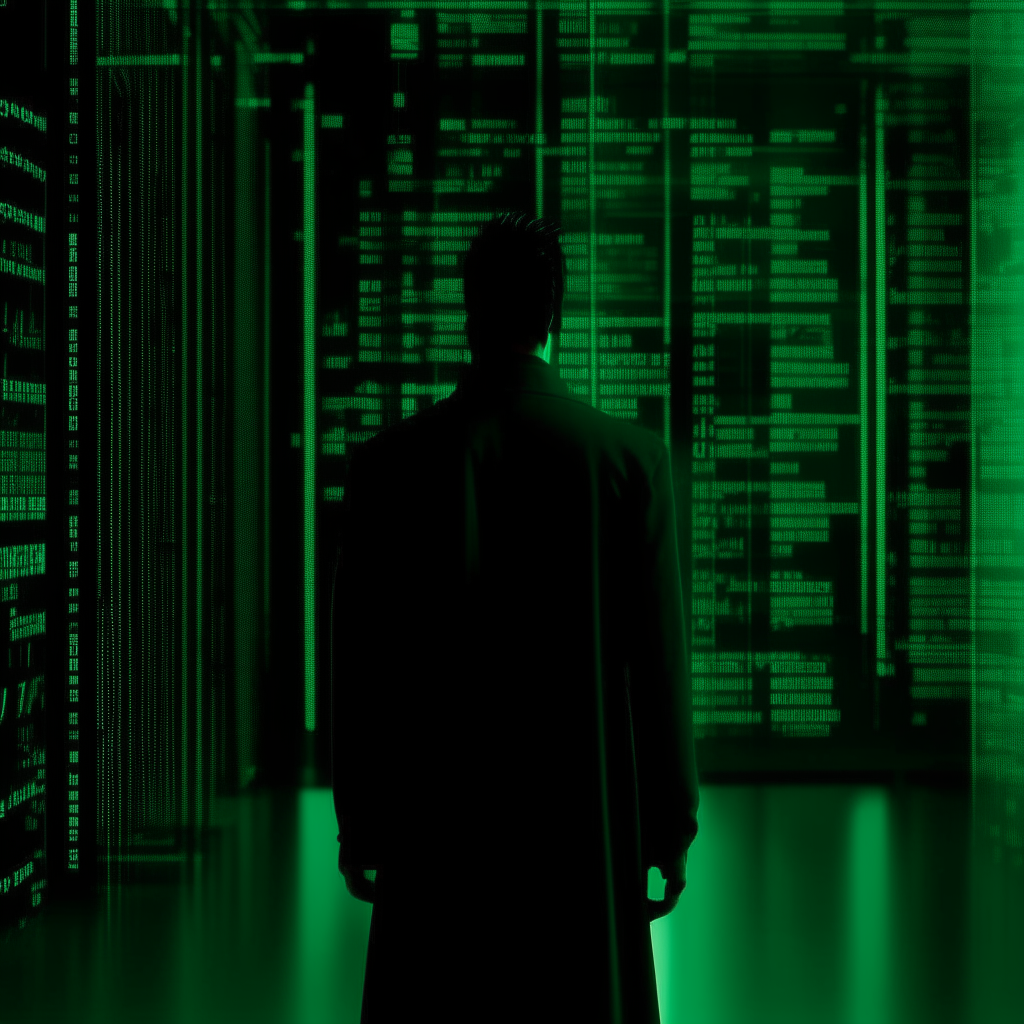 a screenshot from The Matrix movie, showing streaming green code on a black background