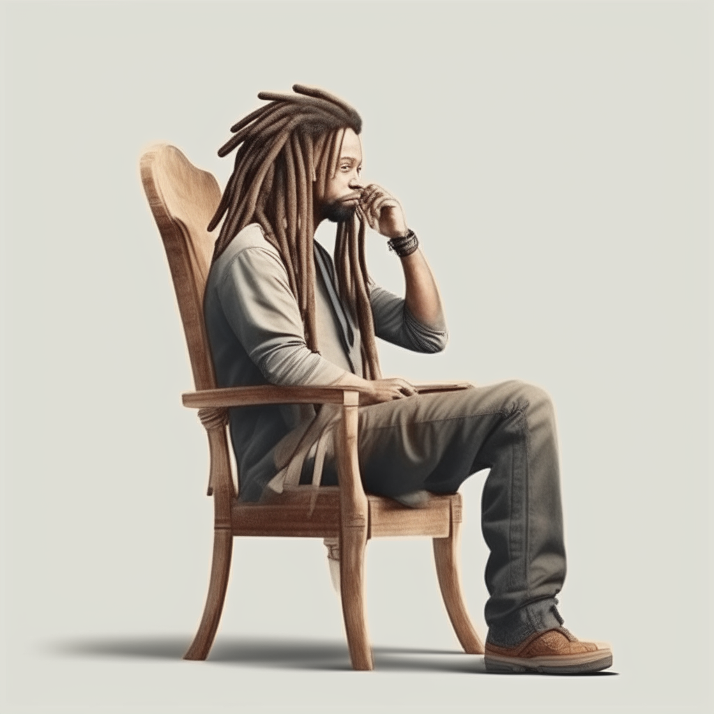 a man with dreadlocks sitting on a chair talking on a cell phone, photorealistic