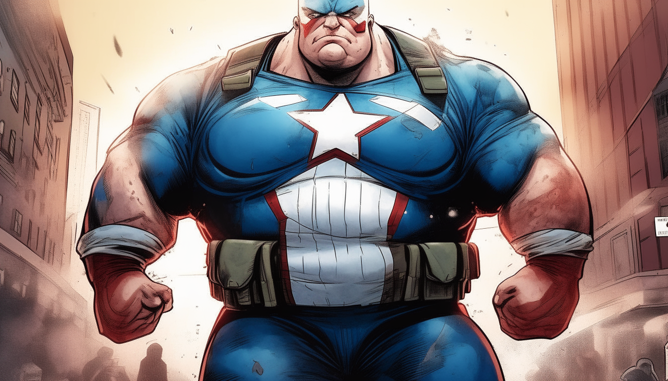 Create an exaggerated, enormous, obese, and overweight version of Captain America, the flesh on the face has overflowed due to excess fat,The background features a blurry city street view