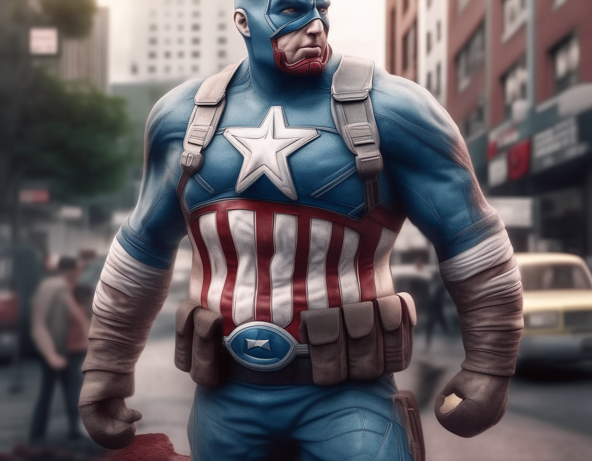 Create an exaggerated, enormous, obese, and overweight version of Captain America, the flesh on the face has overflowed due to excess fat,The background features a blurry city street view,In a realistic style