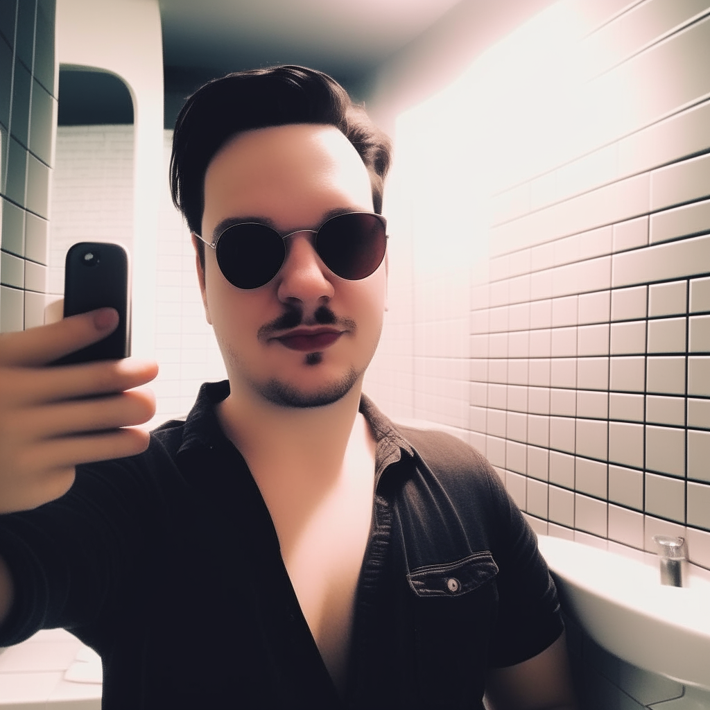 a man with sunglasses on taking a selfie in a bathroom