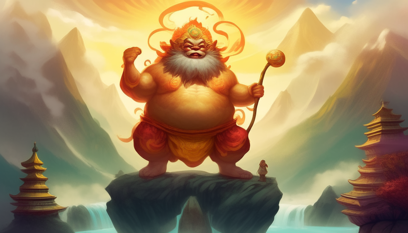 Create an exaggerated, enormous, obese, and overweight version of the Chinese character Sun Wukong (Monkey King)，A super obese face,The background features blurry mountains, rivers, and streams